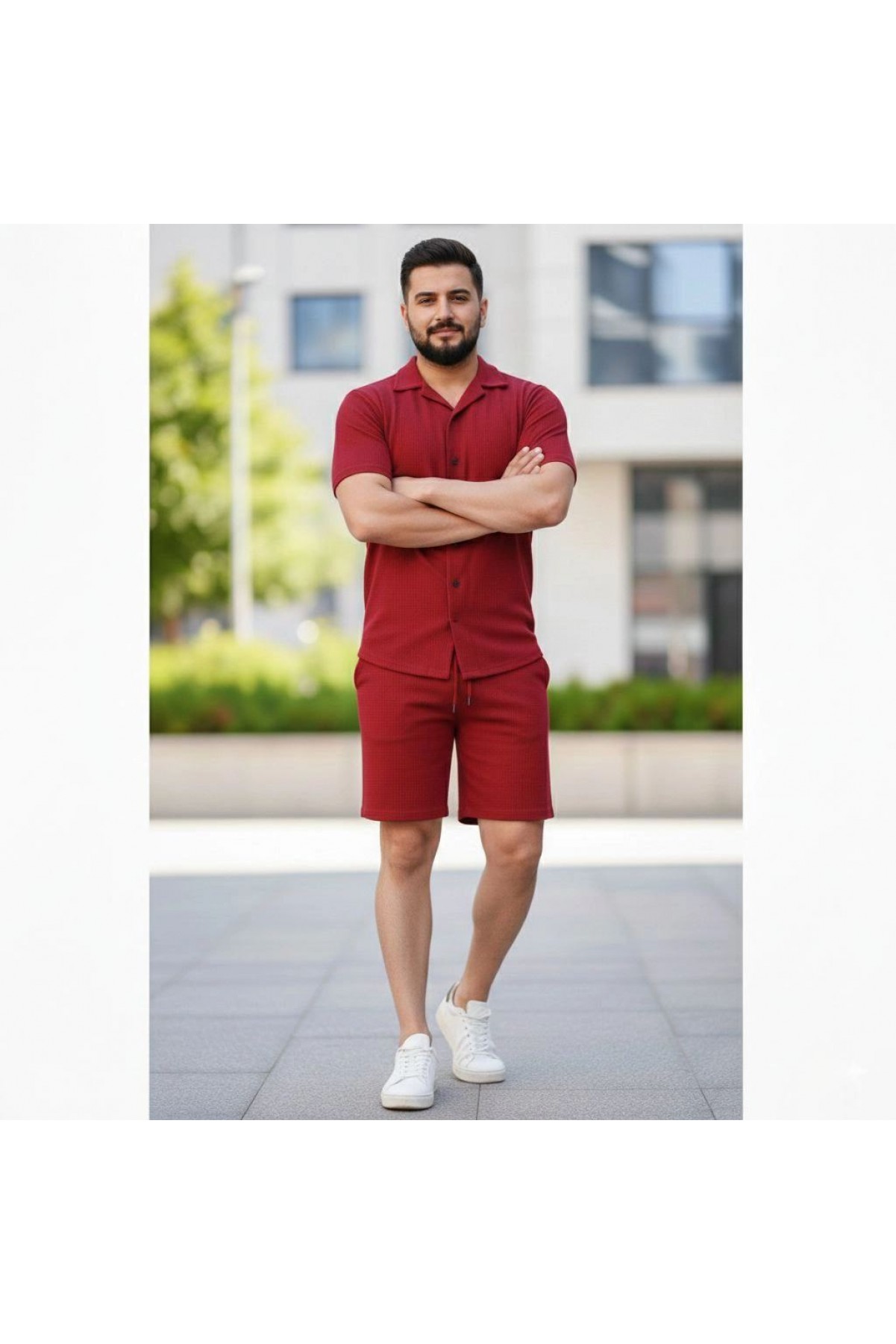 Erkek Waffle Kumaş Kısa Kol Gömlek Şort Takım Regular Yazlık İkili Set - Bordo