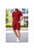 Erkek Waffle Kumaş Kısa Kol Gömlek Şort Takım Regular Yazlık İkili Set - Bordo