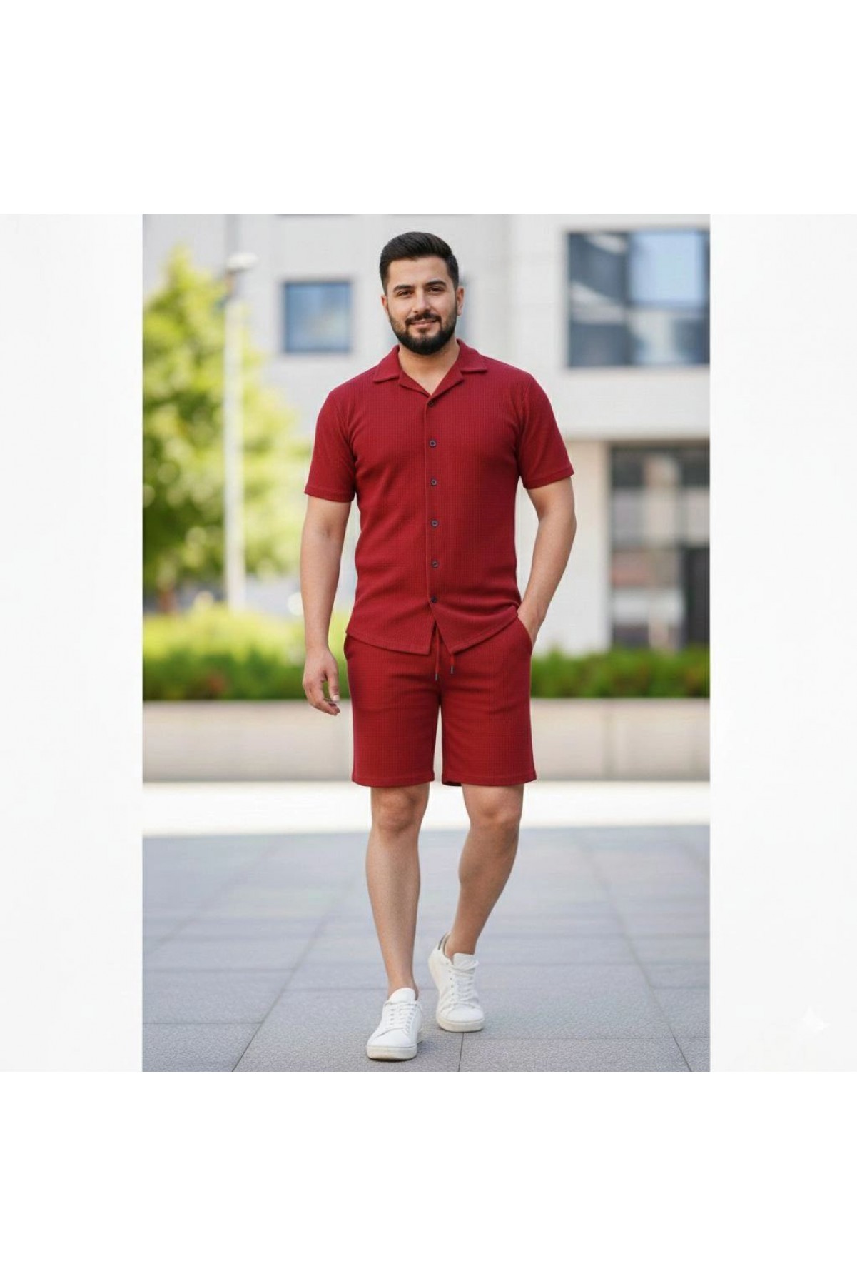Erkek Waffle Kumaş Kısa Kol Gömlek Şort Takım Regular Yazlık İkili Set - Bordo