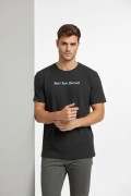 Erkek Wafıl Kumaş Tişört Regular Kalıp Bisiklet Yaka Baskılı T-Shirt - Siyah