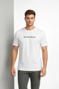 Erkek Wafıl Kumaş Tişört Regular Kalıp Bisiklet Yaka Baskılı T-Shirt - Beyaz