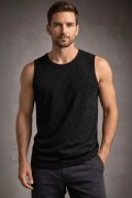 Erkek Flamlı Kumaş Kolsuz Atlet Günlük Fitness Spor T-Shirt - Siyah