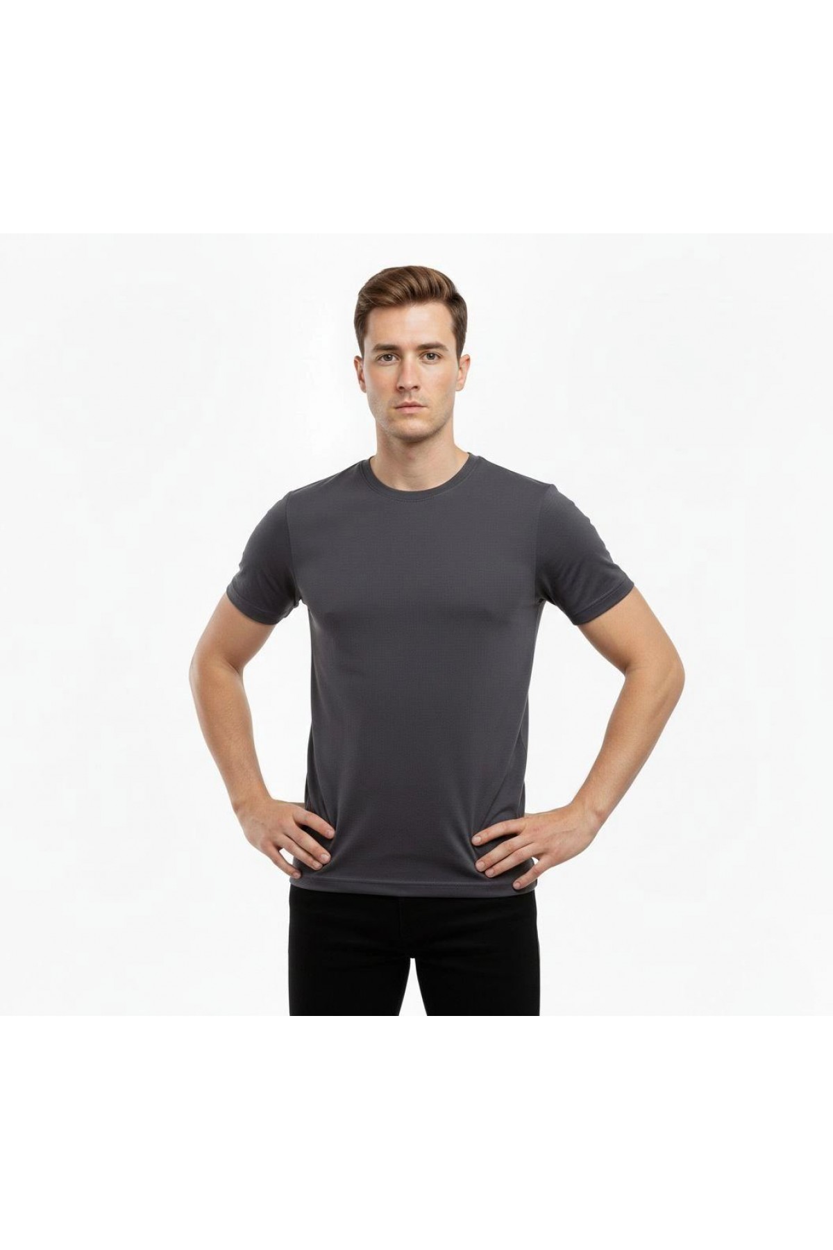 Erkek Bisiklet Yaka Slim Fit dar kesim Likralı Tişört - Füme