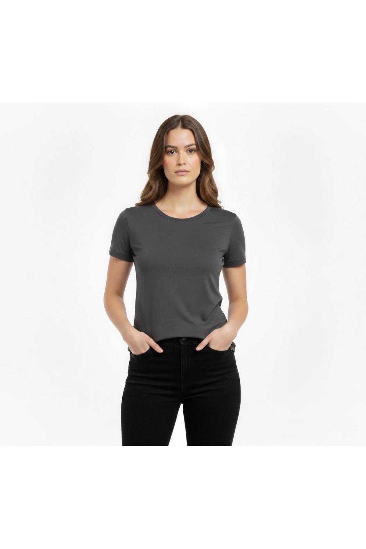 Kadın T-Shirt Bisiklet Yaka Slim Fit Likralı Tişört Yazlık Basic Body - Füme