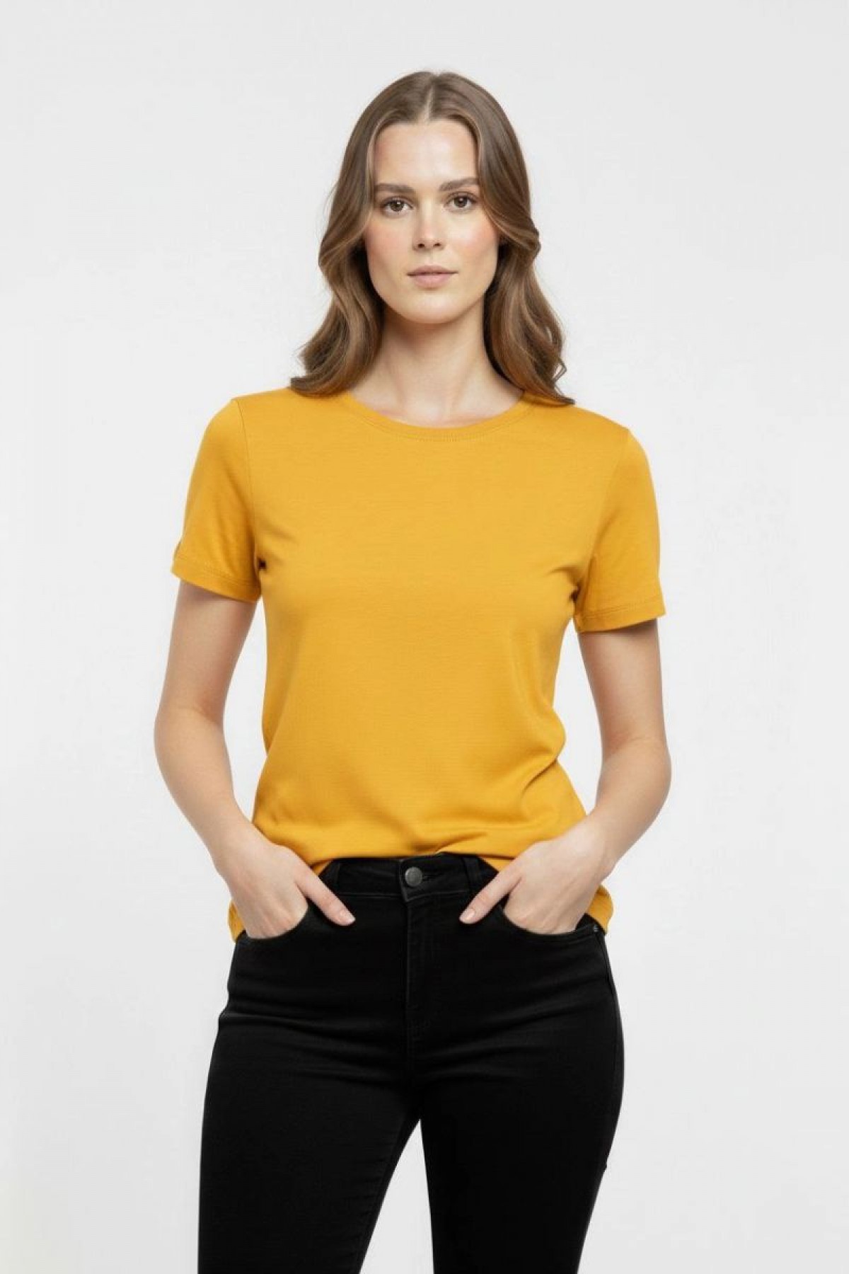Kadın T-Shirt Bisiklet Yaka Slim Fit Likralı Tişört Yazlık Basic Body - Sarı