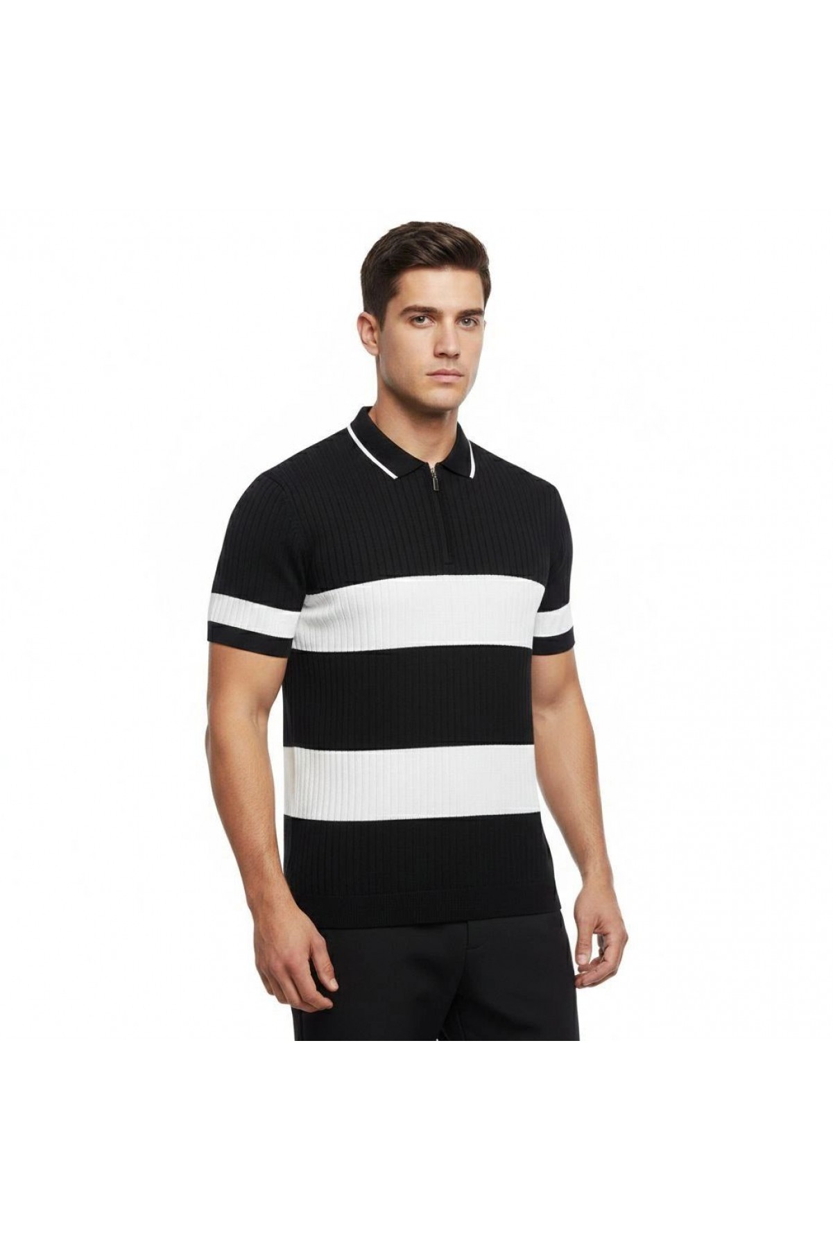 Erkek T-shirt Çizgili Triko Kumaş Polo Yaka Yarım Fermuarlı Kısa Kol Tişört - Siyah