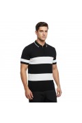 Erkek T-shirt Çizgili Triko Kumaş Polo Yaka Yarım Fermuarlı Kısa Kol Tişört - Siyah