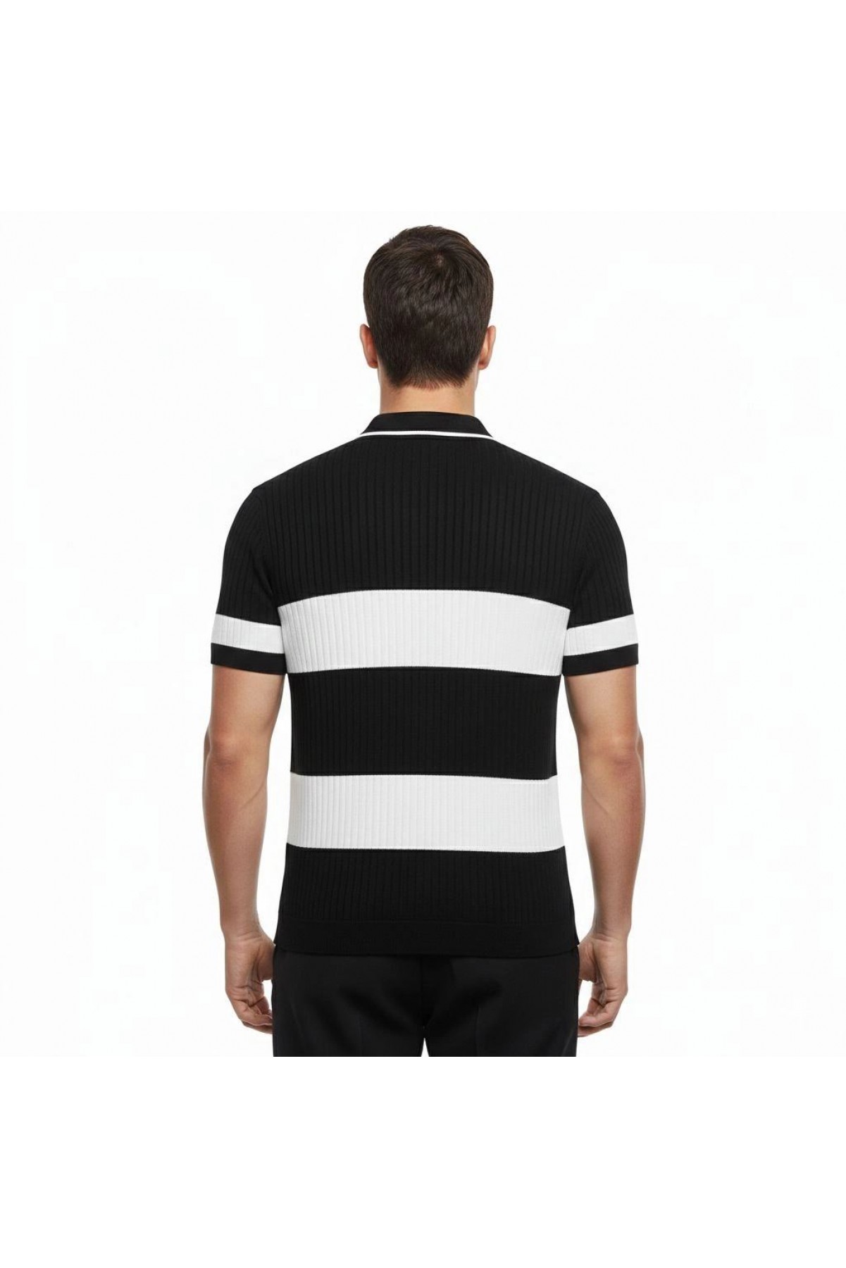Erkek T-shirt Çizgili Triko Kumaş Polo Yaka Yarım Fermuarlı Kısa Kol Tişört - Siyah