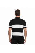 Erkek T-shirt Çizgili Triko Kumaş Polo Yaka Yarım Fermuarlı Kısa Kol Tişört - Siyah