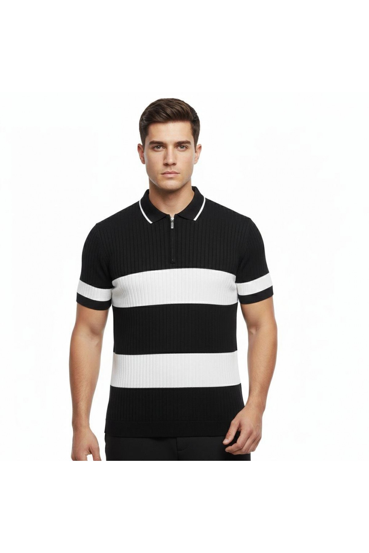 Erkek T-shirt Çizgili Triko Kumaş Polo Yaka Yarım Fermuarlı Kısa Kol Tişört - Siyah