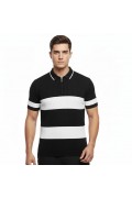 Erkek T-shirt Çizgili Triko Kumaş Polo Yaka Yarım Fermuarlı Kısa Kol Tişört - Siyah