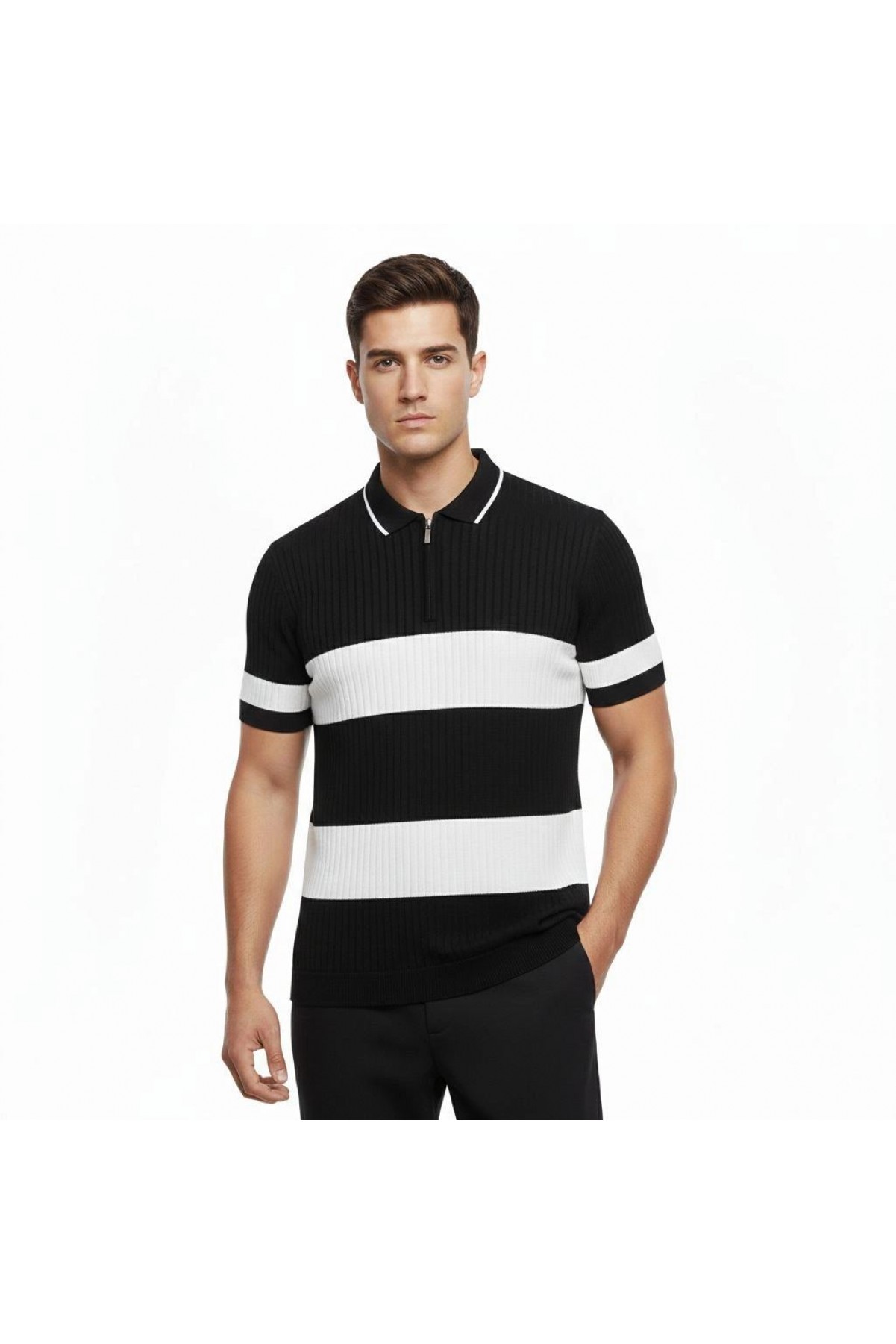 Erkek T-shirt Çizgili Triko Kumaş Polo Yaka Yarım Fermuarlı Kısa Kol Tişört - Siyah