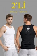 Erkek Spor Slimfit Fitilli Kaşkorse Arka Basklı Atlet 2'li Set Siyah-Beyaz