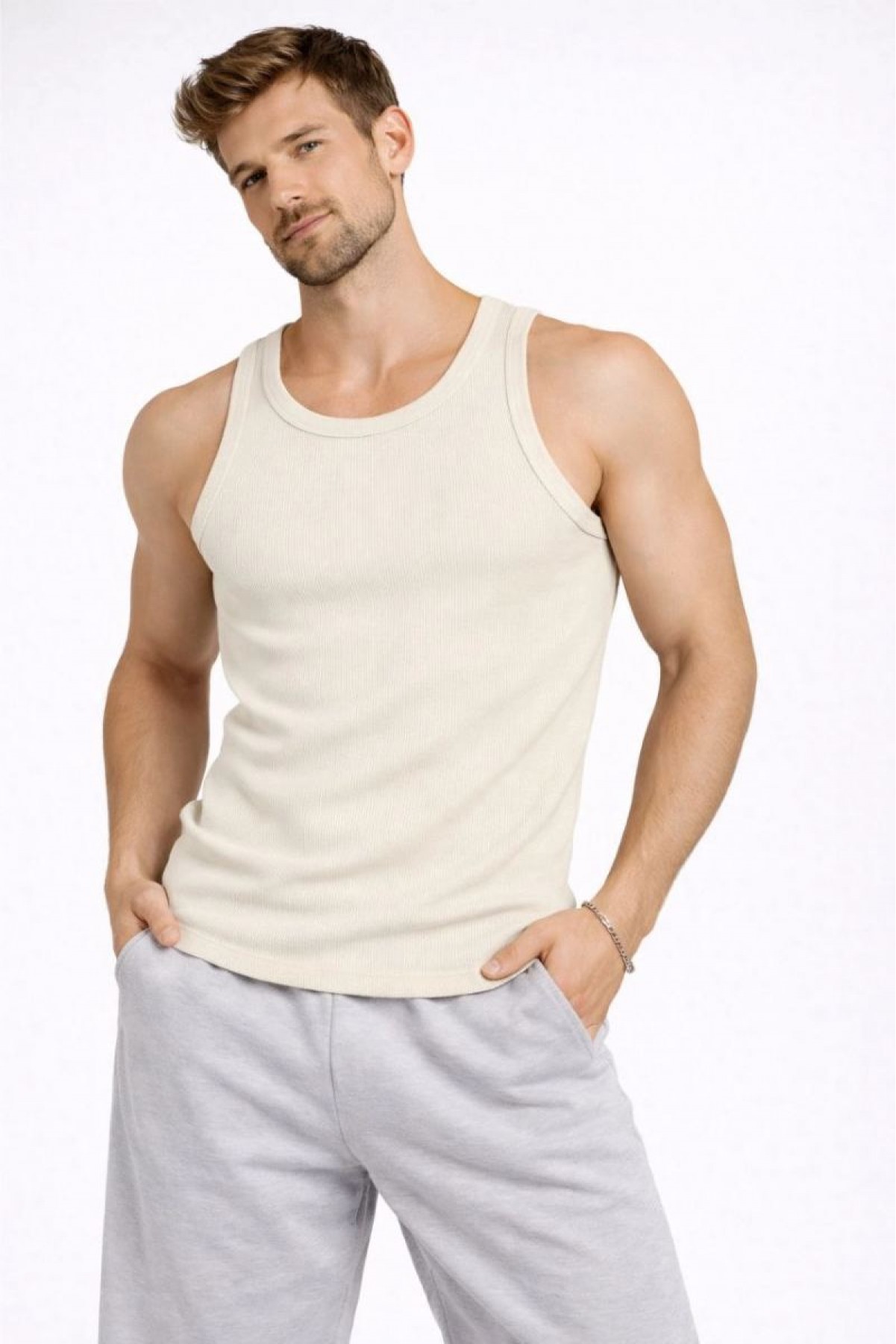 Erkek Spor Slimfit Fitilli Kaşkorse Arka Basklı Atlet 2'li Set Siyah-Bej