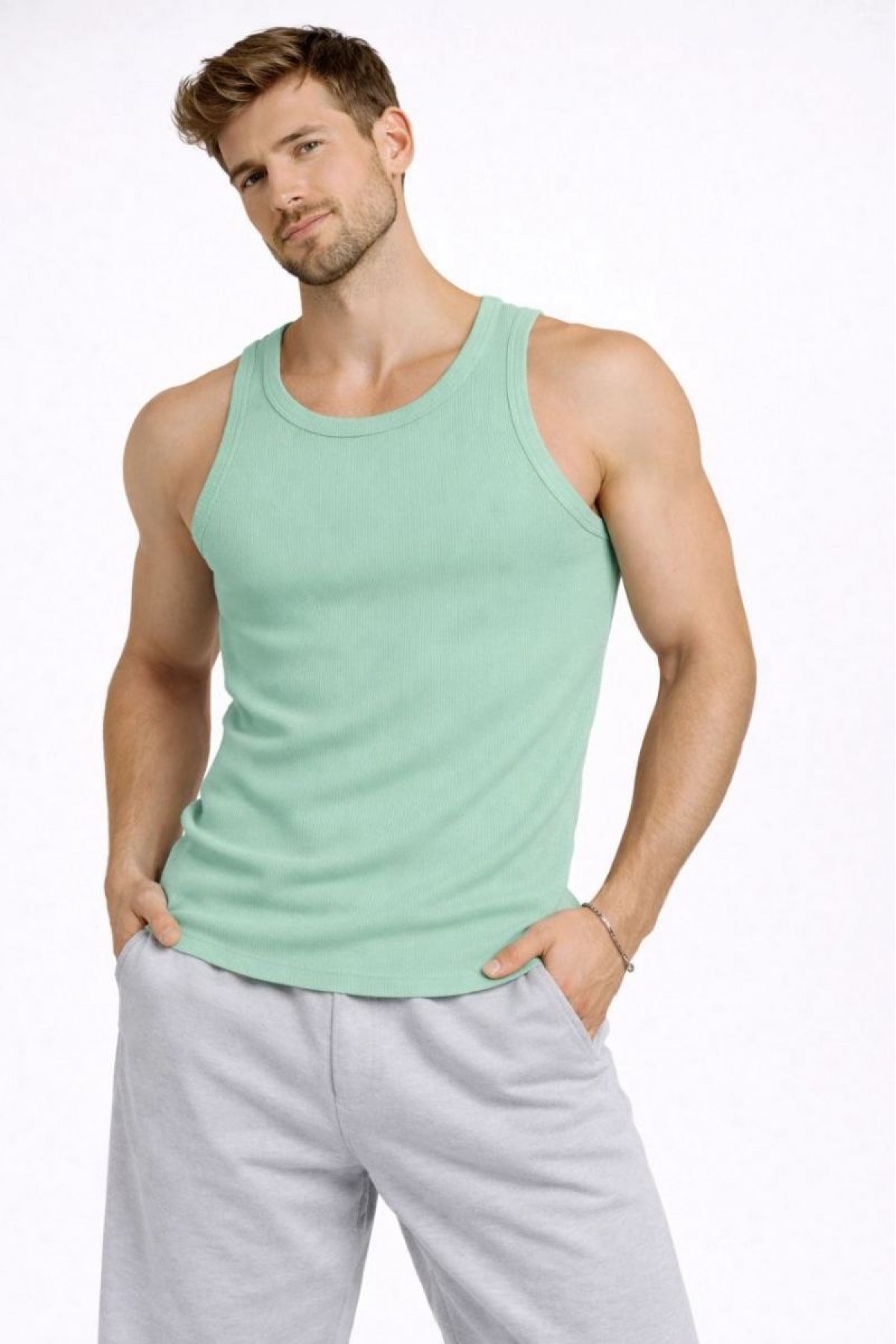 Erkek Spor Slimfit Fitilli Kaşkorse Arka Basklı Atlet 2'li Set Siyah-Mint Yeşili