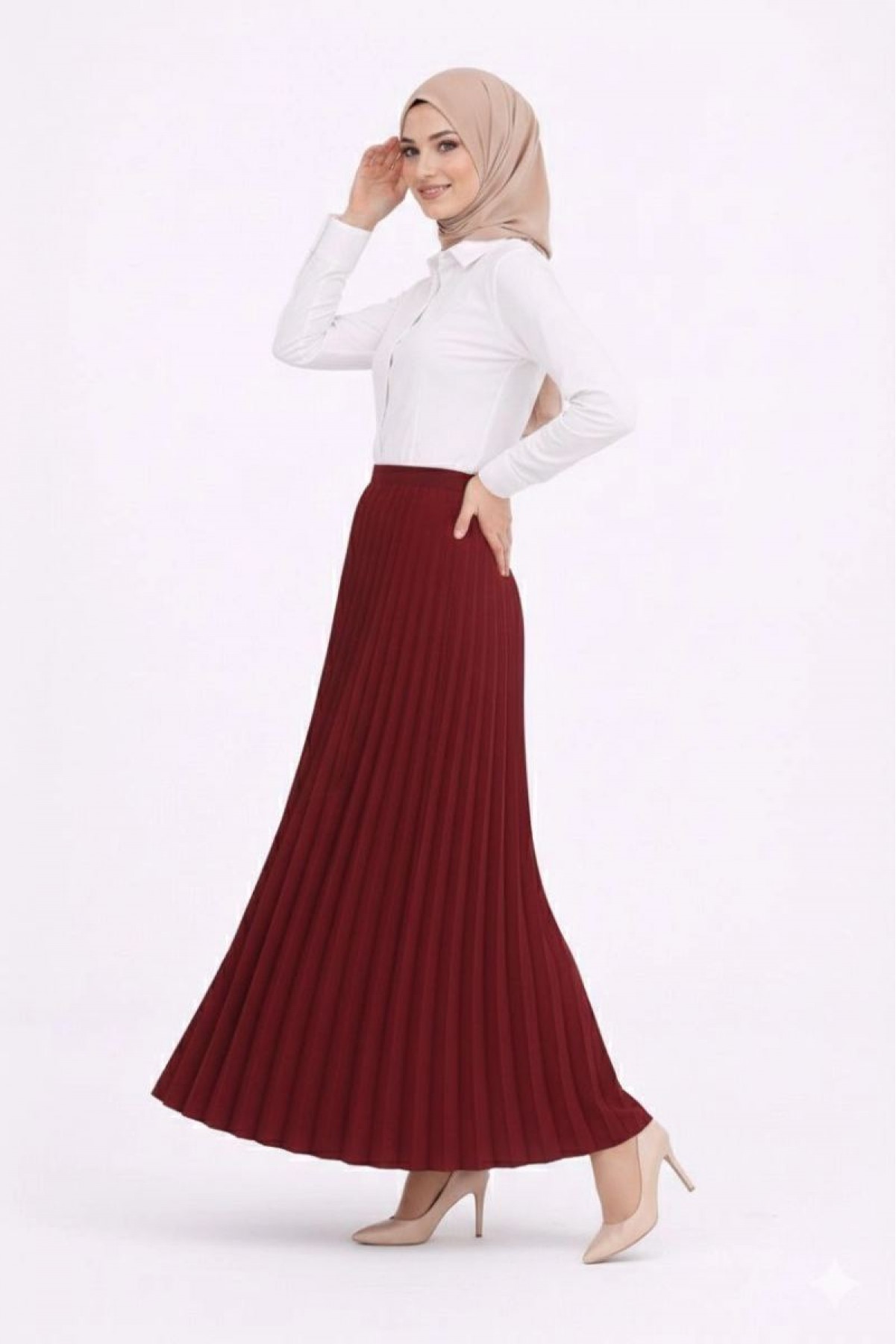 Tesettür Beyaz Gömlekli Pliseli Etek İkili Takım Gündelik ve Ofis Şıklığı - Bordo