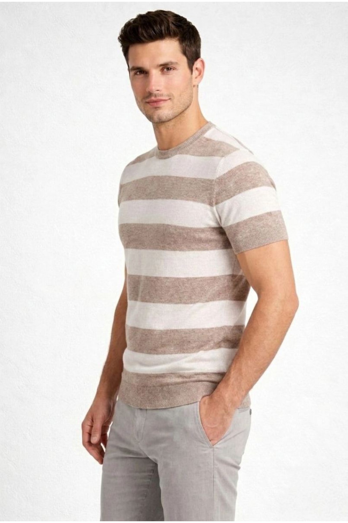 Erkek T-shirt Çizgili Triko  Kısa Kol Yazlık Dokuma Bisiklet Yaka Tişört - Bej