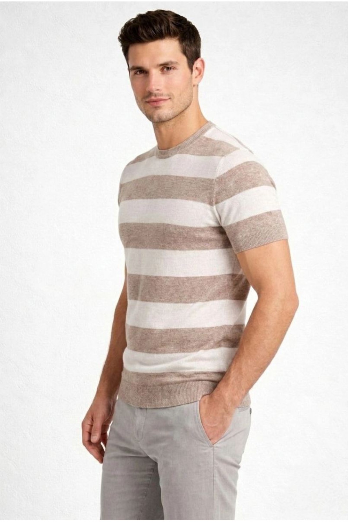 Erkek T-shirt Çizgili Triko  Kısa Kol Yazlık Dokuma Bisiklet Yaka Tişört - Bej