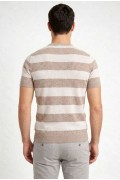 Erkek T-shirt Çizgili Triko  Kısa Kol Yazlık Dokuma Bisiklet Yaka Tişört - Bej