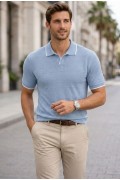 Erkek Fitilli Yazlık Triko Tişört Düğmesiz Polo Yaka Kısa Kol T-shirt - Bebek Mavisi