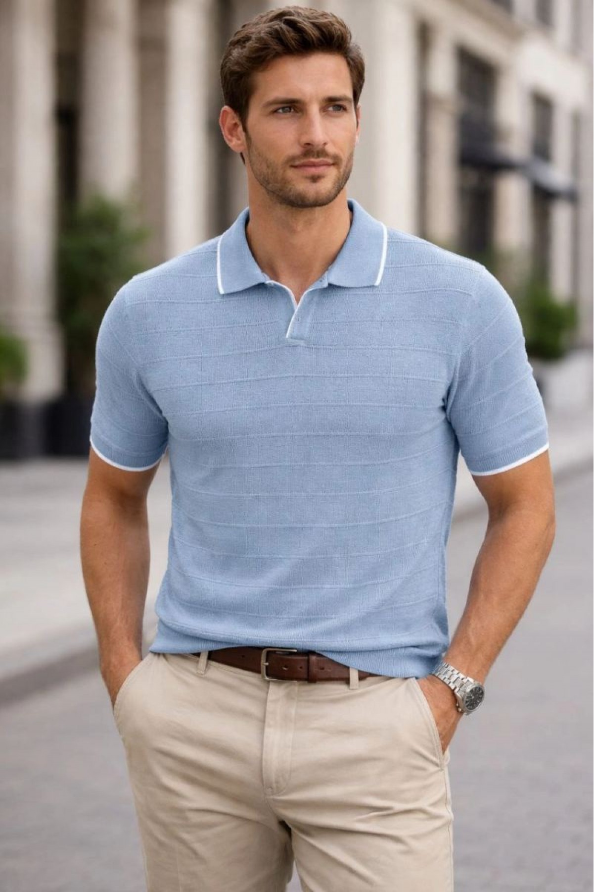 Erkek Fitilli Yazlık Triko Tişört Düğmesiz Polo Yaka Kısa Kol T-shirt - Bebek Mavisi