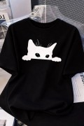 Kadınlar için Siyah Kedi Grafik Tişört - Oversize Kısa Kollu Üst Nefes Alabilir - Siyah