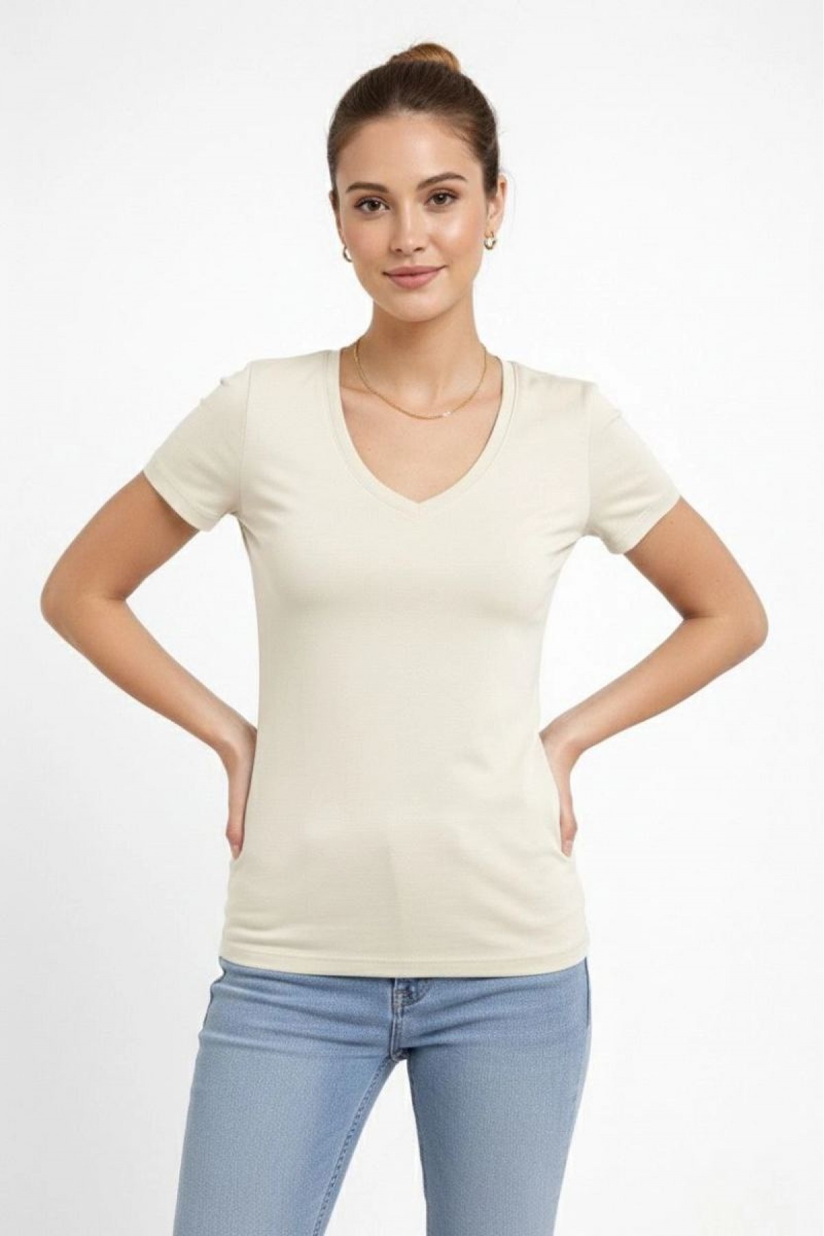 Kadın V Yaka Tişört Kısa Kol Slim Fit T-shirt 2'li Set Saks Mavisi-Ekru