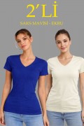 Kadın V Yaka Tişört Kısa Kol Slim Fit T-shirt 2'li Set Saks Mavisi-Ekru