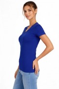 Kadın V Yaka Tişört Kısa Kol Slim Fit T-shirt 2'li Set Saks Mavisi-Ekru