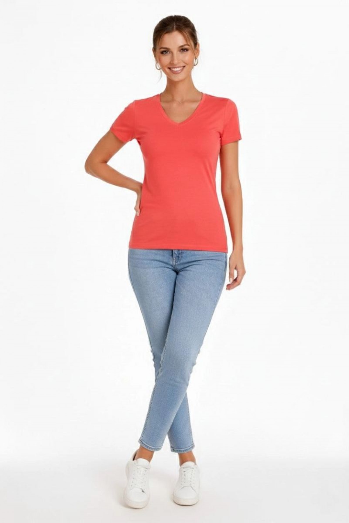 Kadın V Yaka Tişört Kısa Kol Slim Fit T-shirt 2'li Set Nar Çiçeği-Açık Mavi