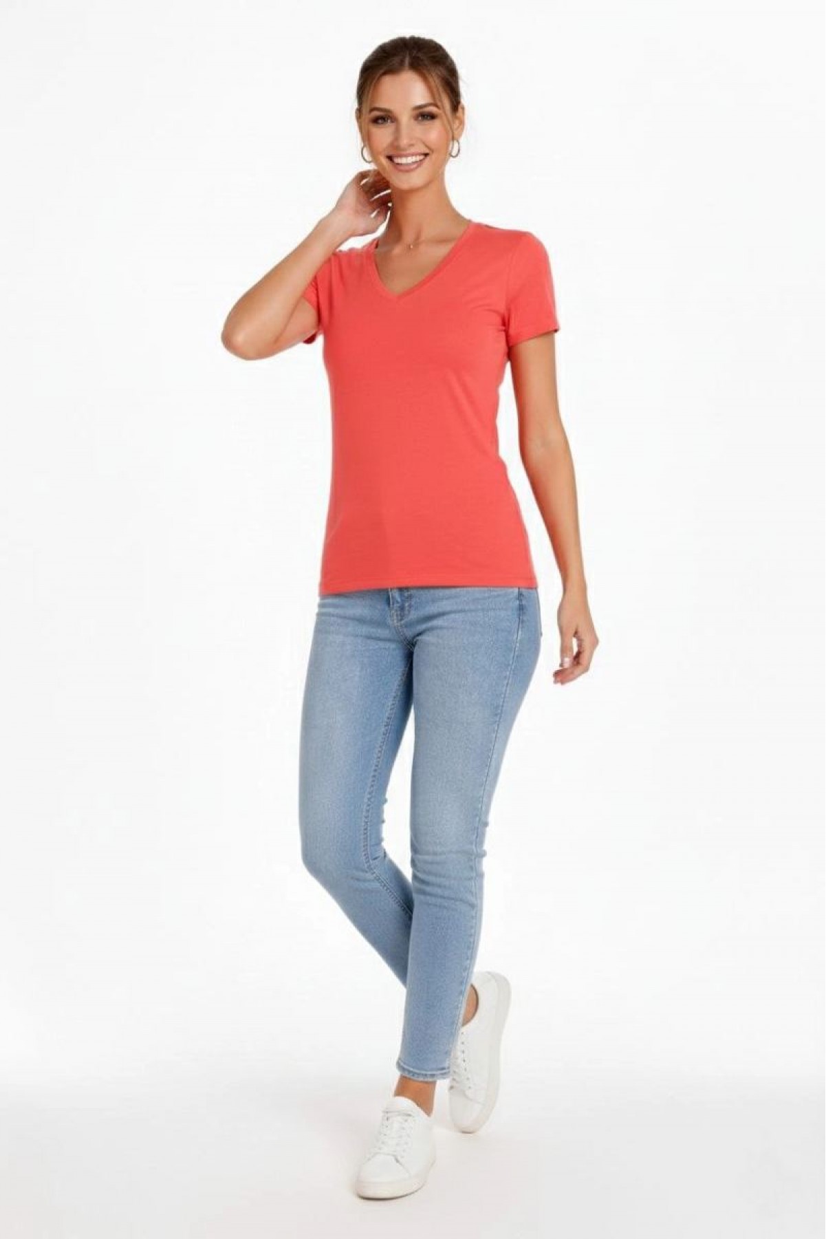 Kadın V Yaka Tişört Kısa Kol Slim Fit T-shirt 2'li Set Nar Çiçeği-Açık Mavi