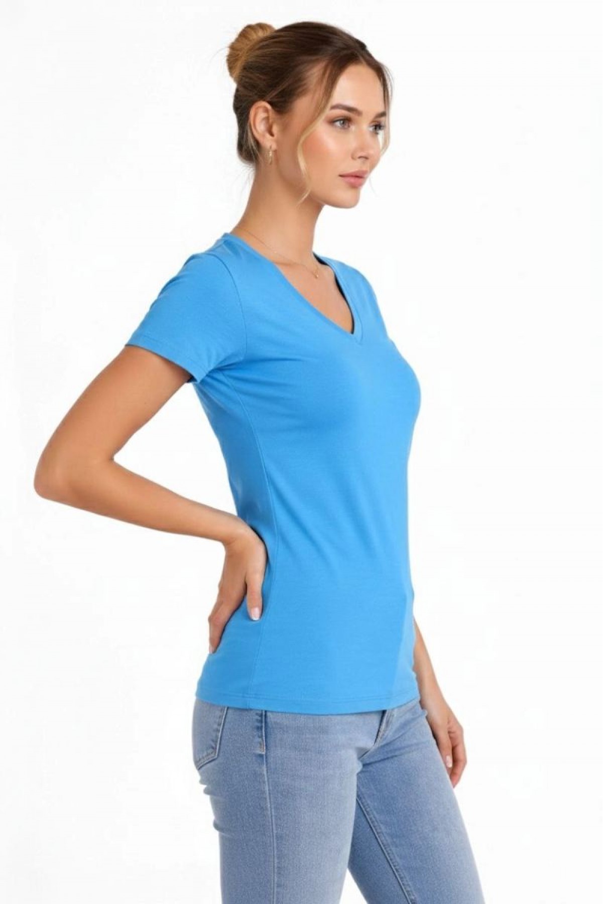 Kadın V Yaka Tişört Kısa Kol Slim Fit T-shirt 2'li Set Nar Çiçeği-Açık Mavi
