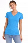 Kadın V Yaka Tişört Kısa Kol Slim Fit T-shirt 2'li Set Nar Çiçeği-Açık Mavi