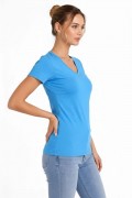 Kadın V Yaka Tişört Kısa Kol Slim Fit T-shirt 3'lü Set Pembe-Açık Mavi-Ekru
