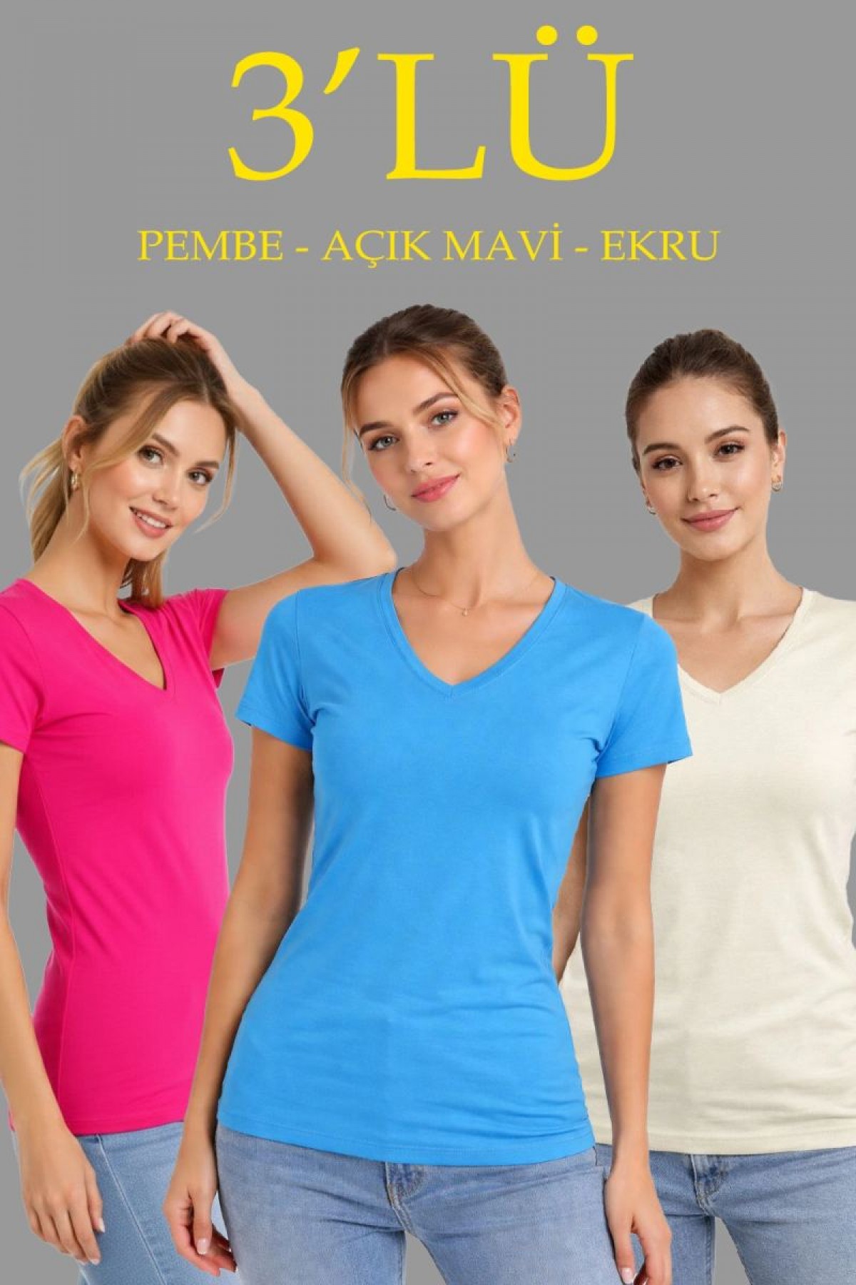 Kadın V Yaka Tişört Kısa Kol Slim Fit T-shirt 3'lü Set Pembe-Açık Mavi-Ekru