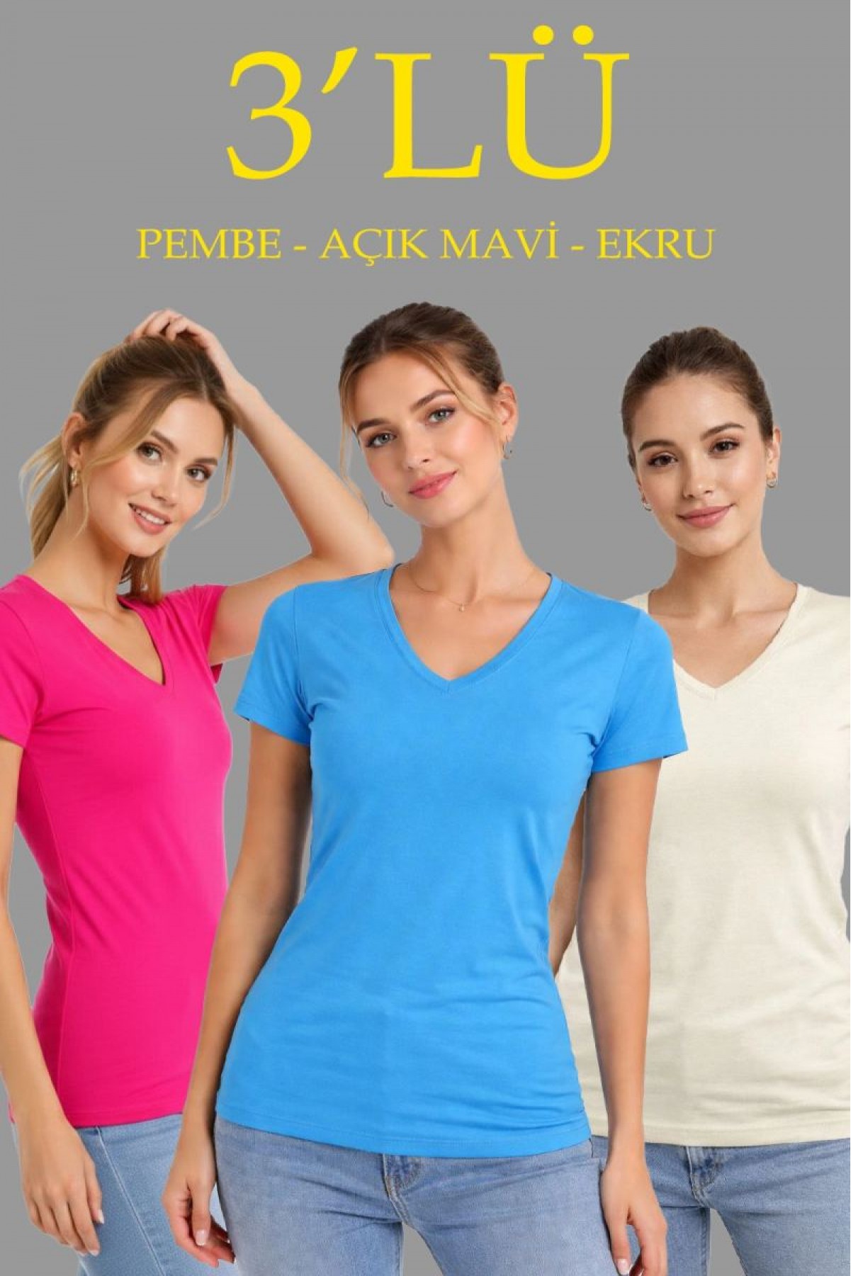 Kadın V Yaka Tişört Kısa Kol Slim Fit T-shirt 3'lü Set Pembe-Açık Mavi-Ekru