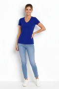 Kadın V Yaka Tişört Kısa Kol Slim Fit T-shirt 3'lü Set Pembe-Saks Mavi-Ekru