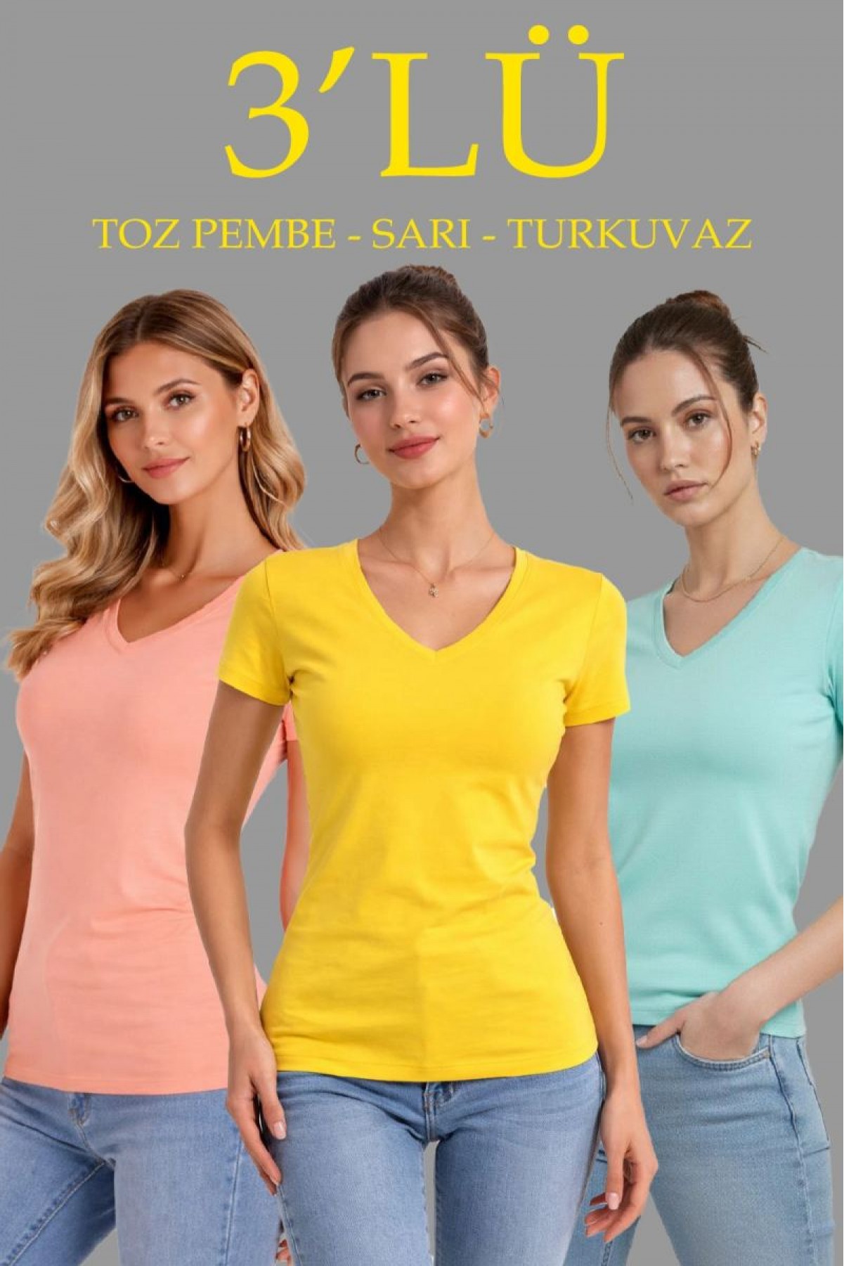 Kadın V Yaka Tişört Kısa Kol Slim Fit T-shirt 3'lü Set Toz Pembe-Sarı-Turkuvaz