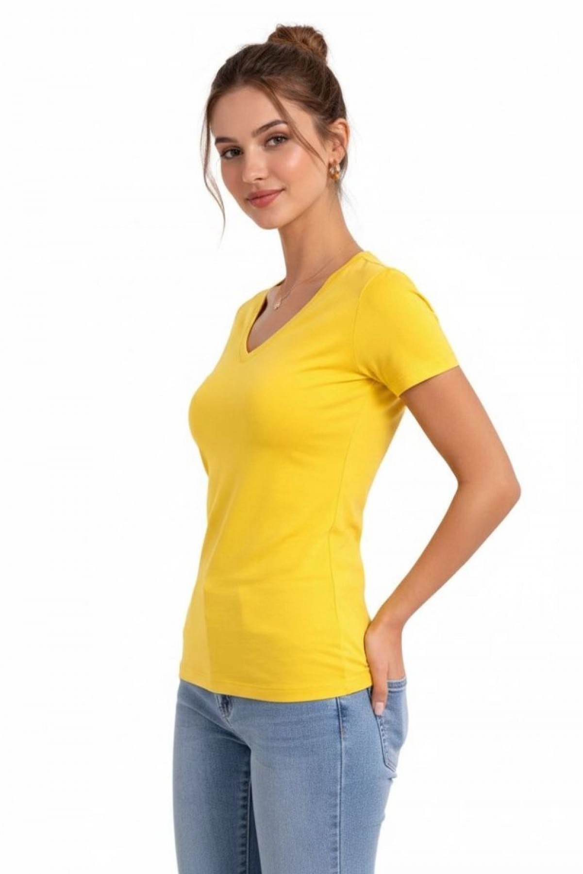 Kadın V Yaka Tişört Kısa Kol Slim Fit T-shirt 3'lü Set Toz Pembe-Sarı-Turkuvaz