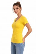 Kadın V Yaka Tişört Kısa Kol Slim Fit T-shirt 3'lü Set Toz Pembe-Sarı-Turkuvaz