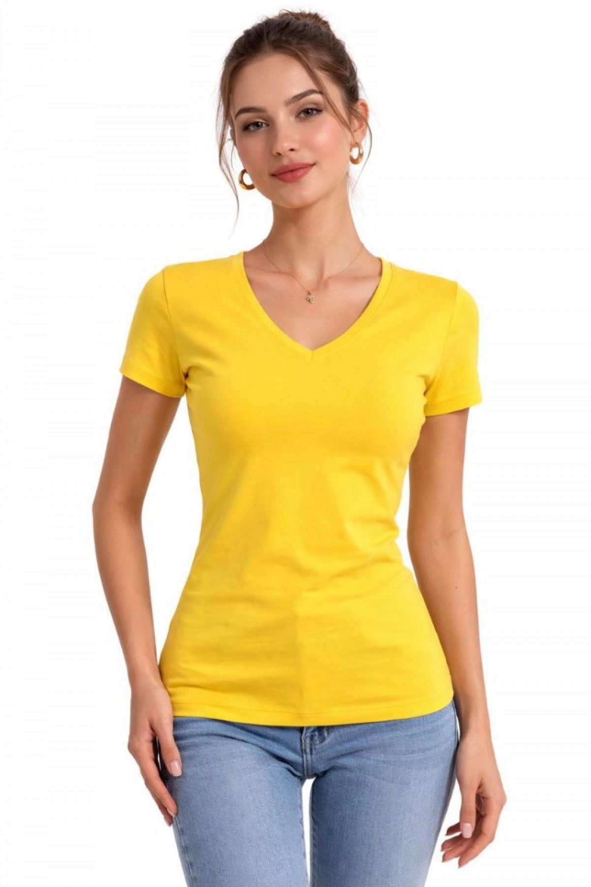 Kadın V Yaka Tişört Kısa Kol Slim Fit T-shirt 3'lü Set Toz Pembe-Sarı-Turkuvaz
