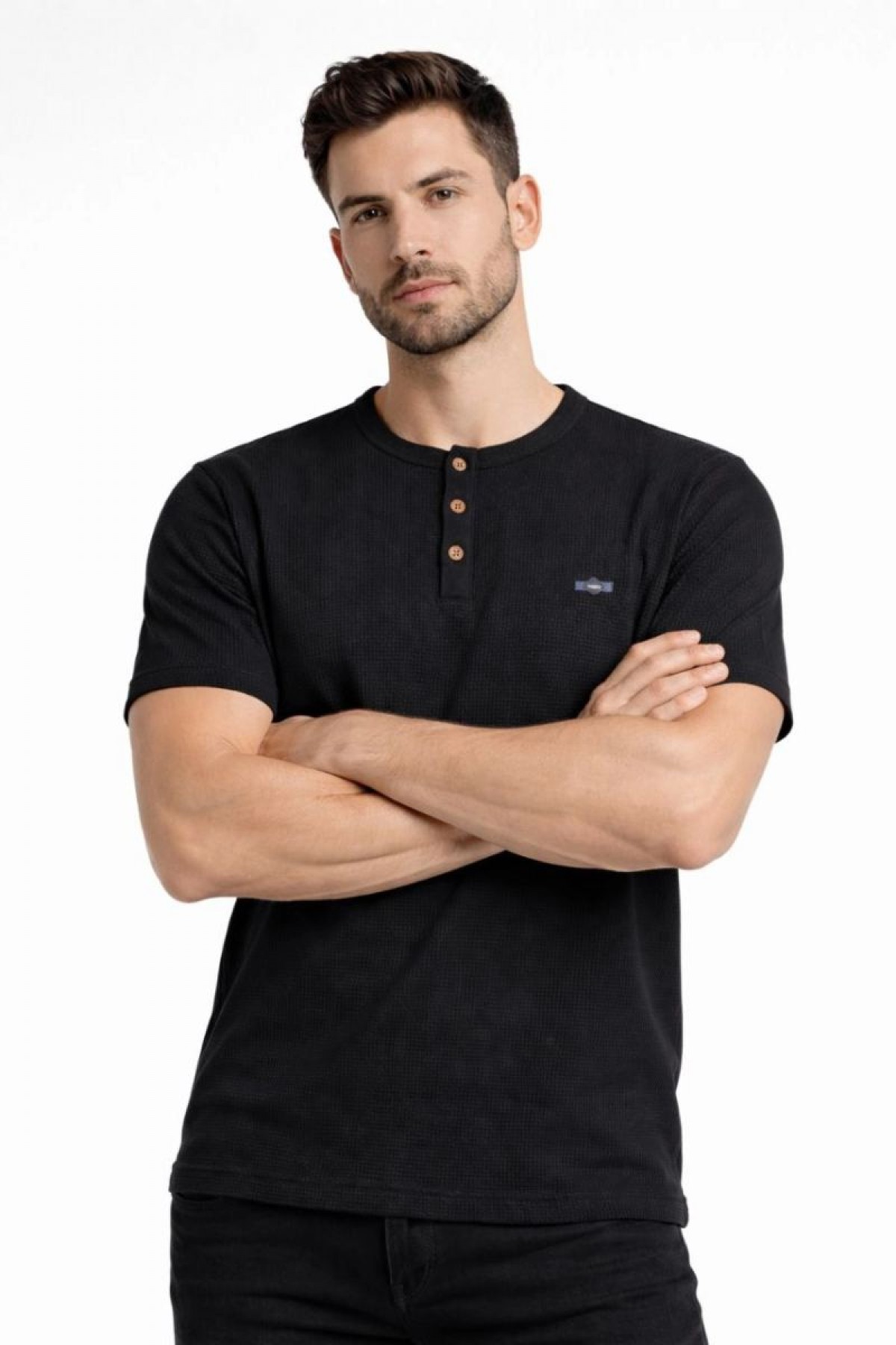 Erkek Waffle Dokulu Likralı Henley Yaka Düğmeli Regular Kısa Kol T-Shirt - Siyah