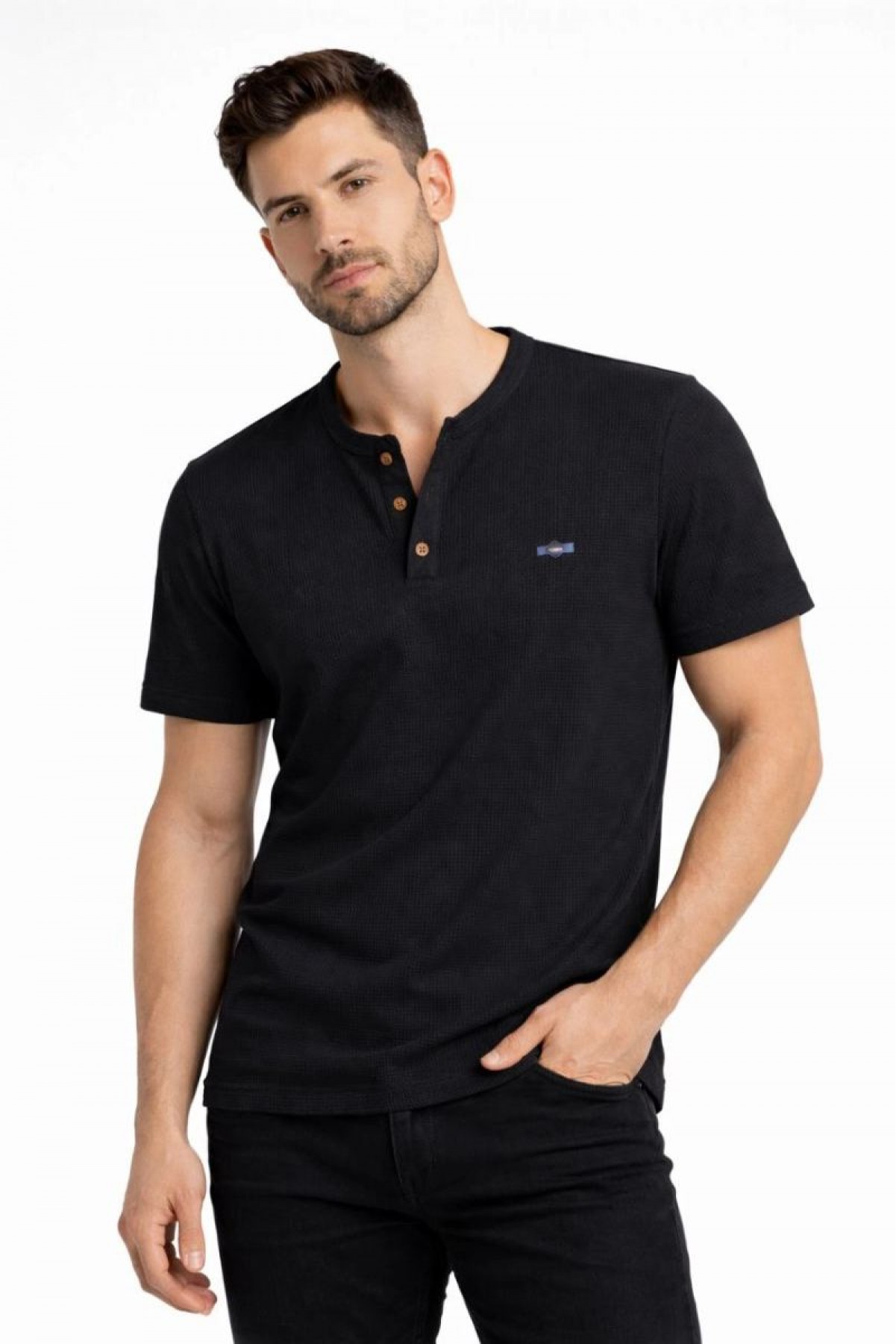 Erkek Waffle Dokulu Likralı Henley Yaka Düğmeli Regular Kısa Kol T-Shirt - Siyah