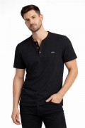 Erkek Waffle Dokulu Likralı Henley Yaka Düğmeli Regular Kısa Kol T-Shirt - Siyah