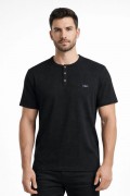 Erkek Waffle Dokulu Likralı Henley Yaka Düğmeli Regular Kısa Kol T-Shirt - Siyah