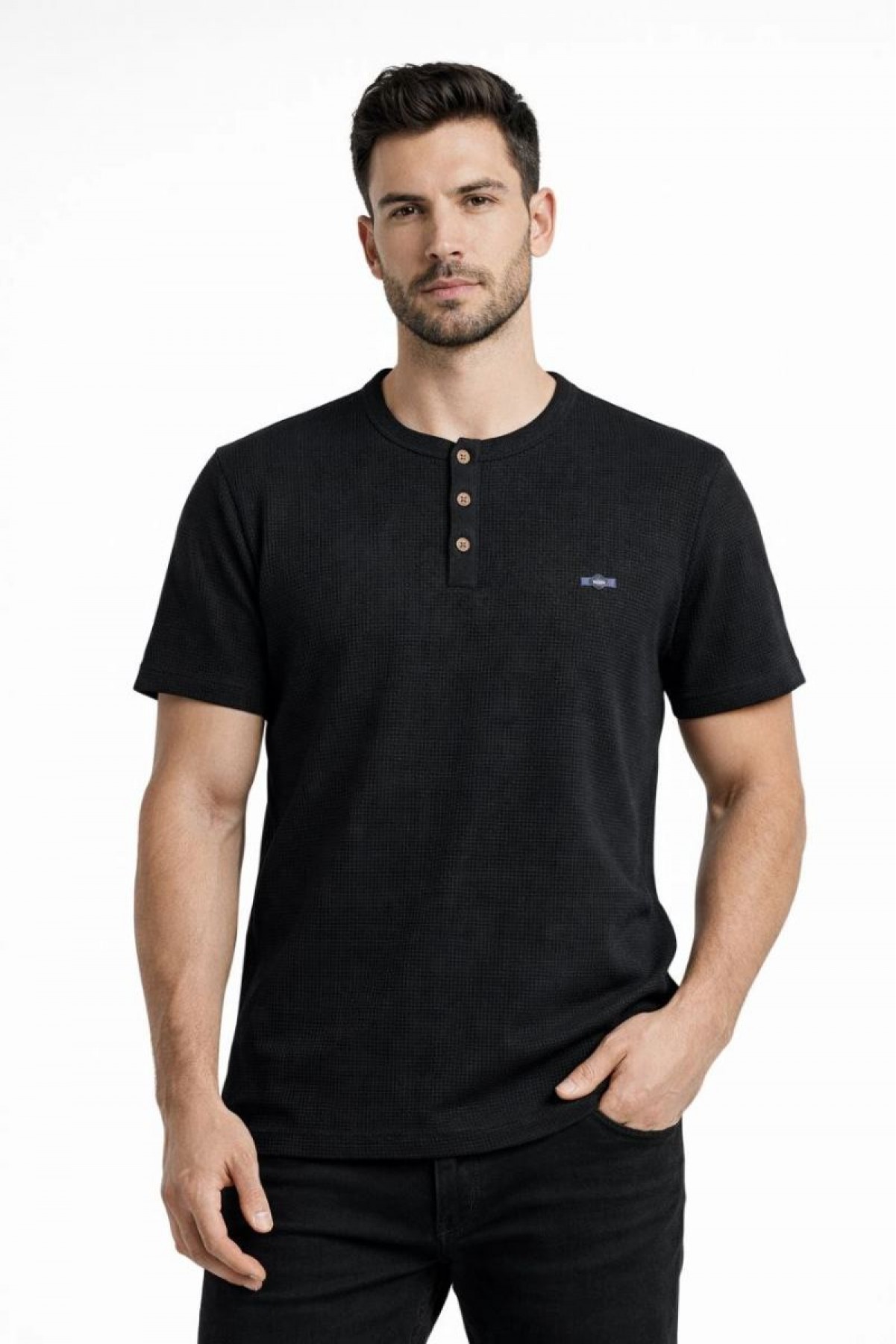 Erkek Waffle Dokulu Likralı Henley Yaka Düğmeli Regular Kısa Kol T-Shirt - Siyah