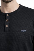 Erkek Waffle Dokulu Likralı Henley Yaka Düğmeli Regular Kısa Kol T-Shirt - Siyah