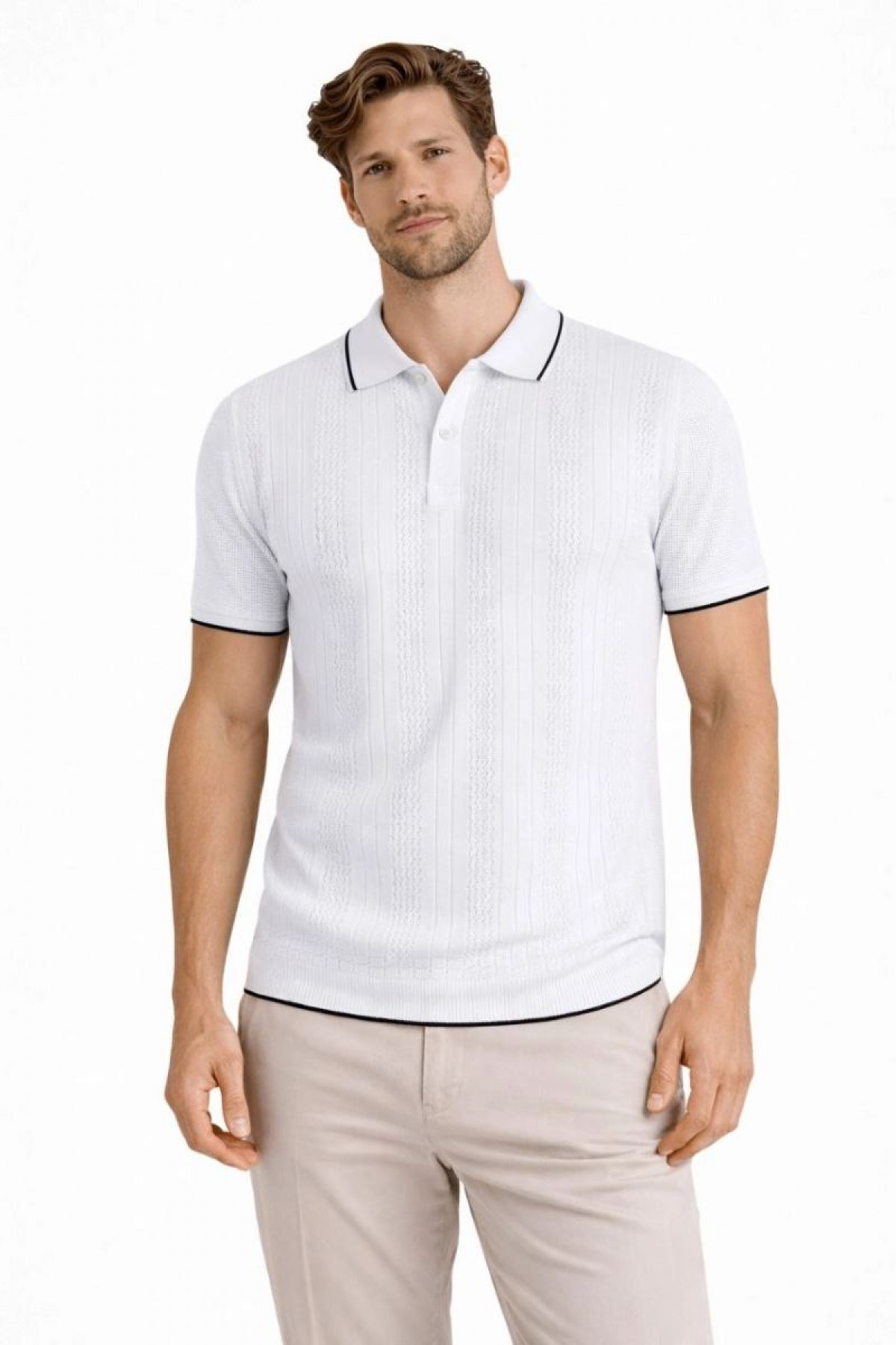 Erkek Polo Yaka Düğmeli Triko Tişört Yazlık Dokuma Regular Fit T-Shirt - Beyaz