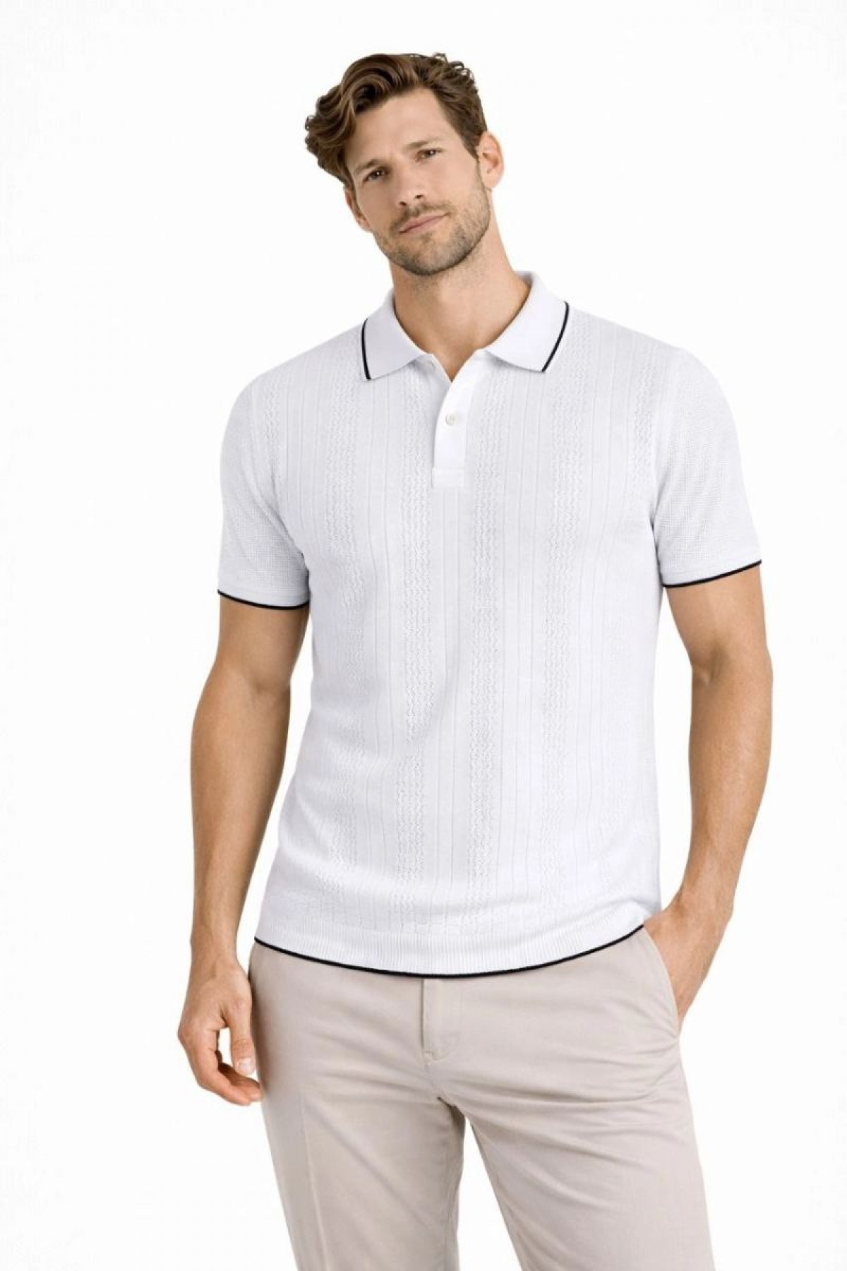 Erkek Polo Yaka Düğmeli Triko Tişört Yazlık Dokuma Regular Fit T-Shirt - Beyaz