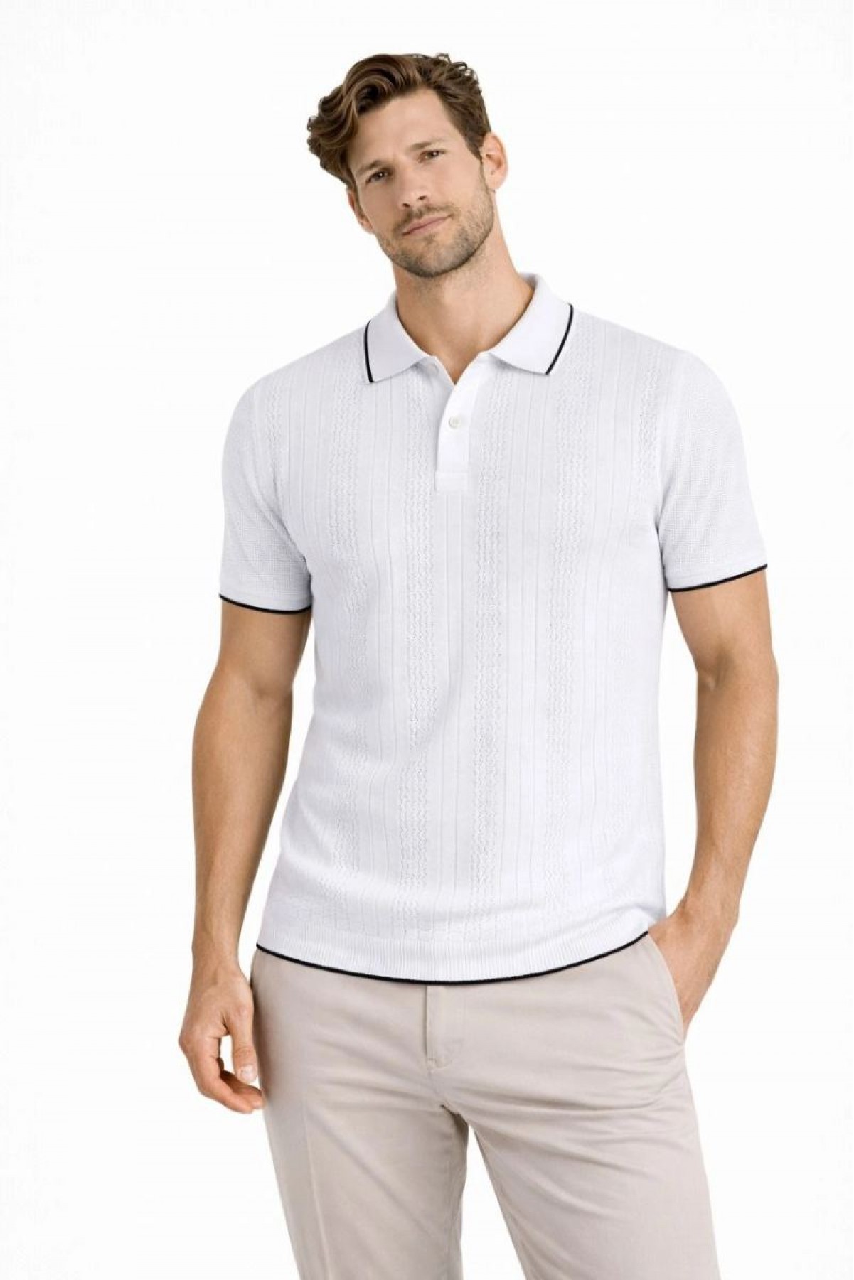 Erkek Polo Yaka Düğmeli Triko Tişört Yazlık Dokuma Regular Fit T-Shirt - Beyaz
